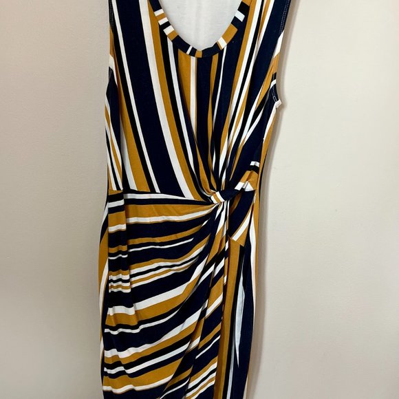 Allison Joy Navy and Gold Stripped Faux Wrap Dress - Picture 2 of 9